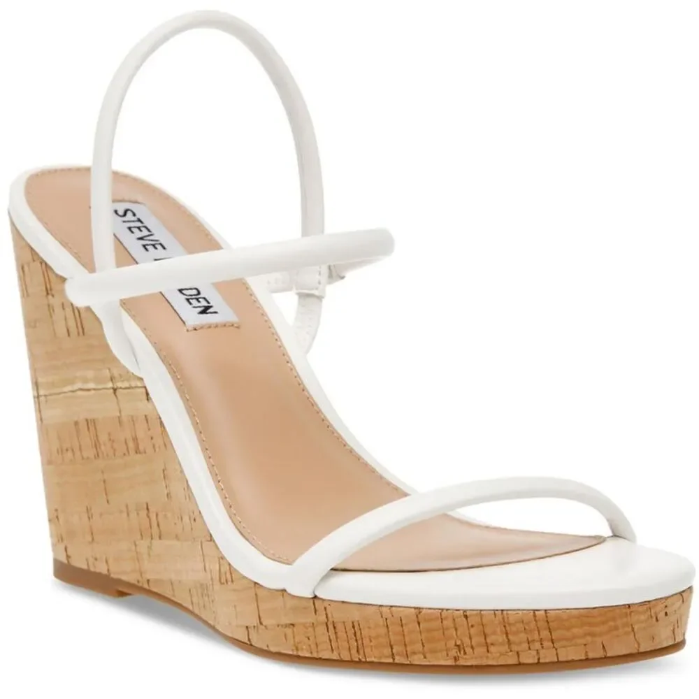 Steve Madden Womens Udell White Leather Slip On Wedge Sandals Shoes Used